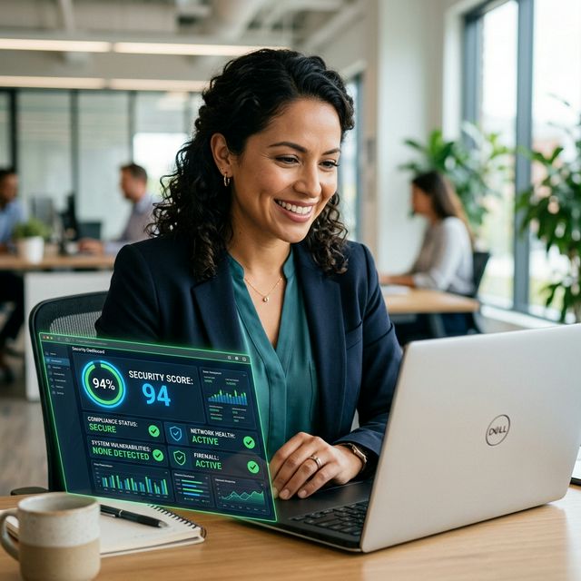 Profesional satisfecha viendo el score de seguridad 94 en el dashboard de Olorun Secure